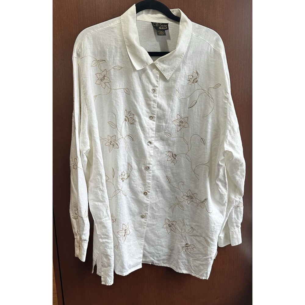 C.B. Studio 100% Linen Floral Embroidered Button Shirt Blouse Womens 2X Vintage